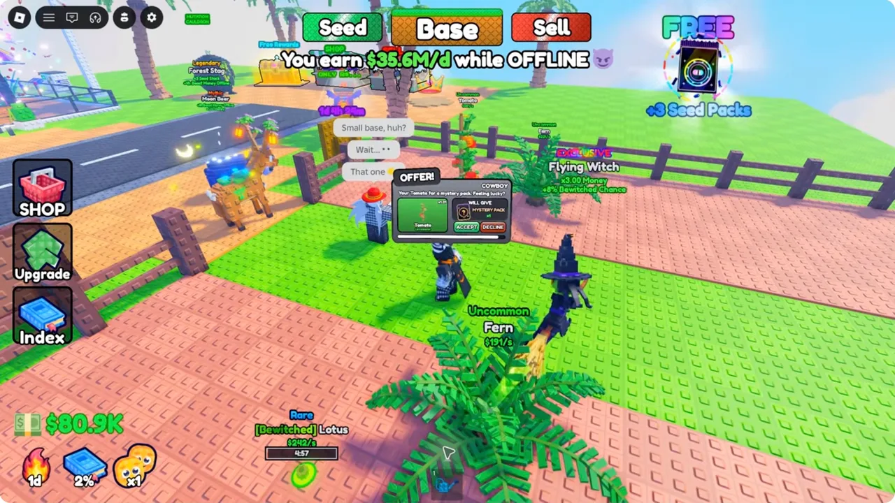 Grow a Plant gameplay: Cowboy offers a Mystery Pack for a Tomato